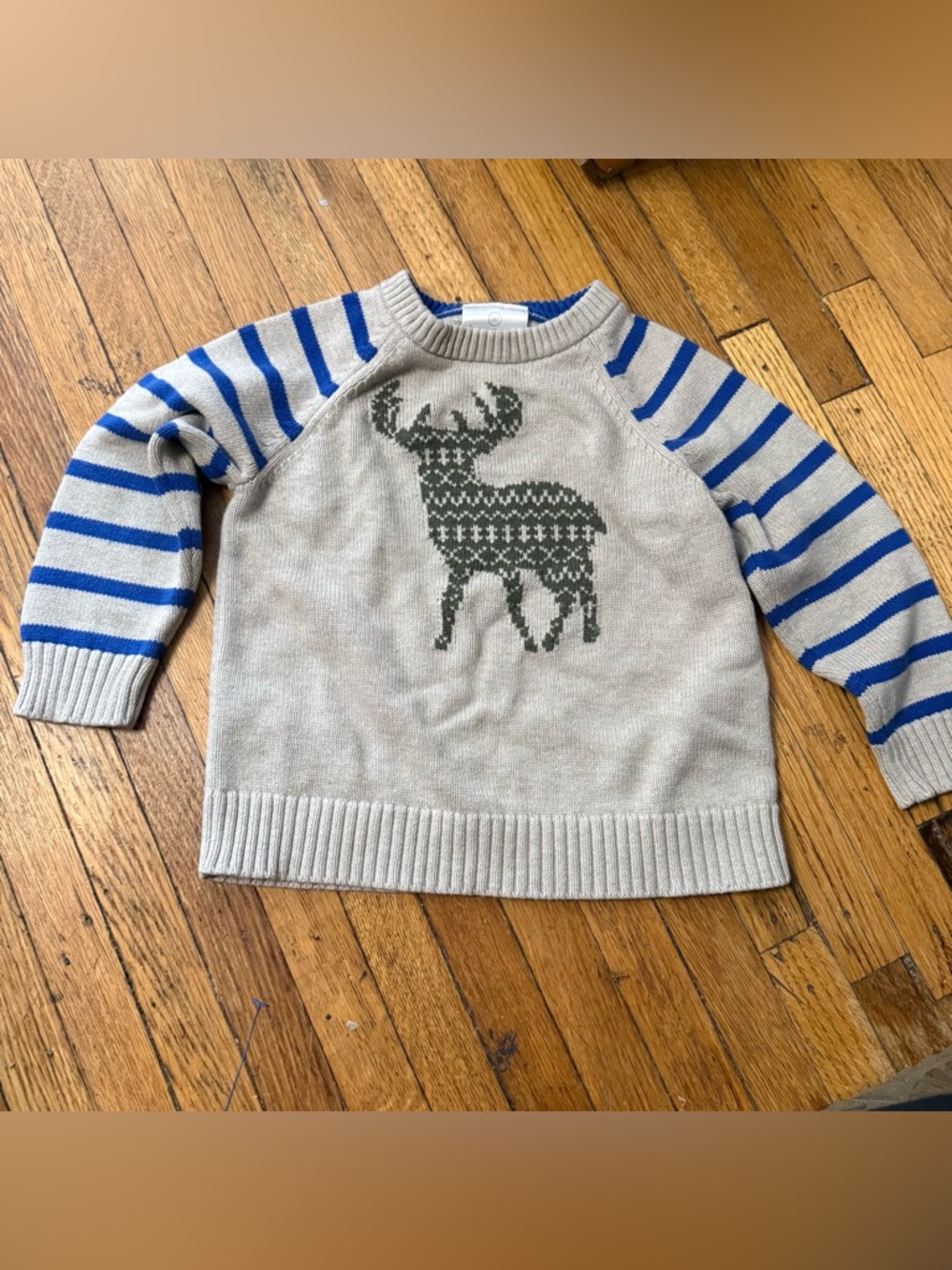 Hanna Andersson Toddler Boys’ Striped Sleeve Moose Pullover Sweater - Size 2T